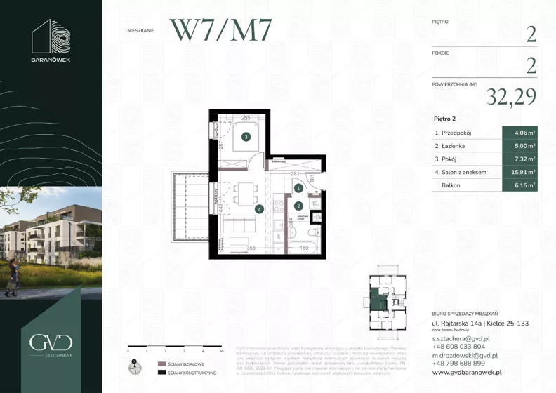 2 pokoje, mieszkanie 32,29 m², piętro 2, oferta nr M-W7/07, GVD Baranówek, Kielce, Baranówek, ul. Rajtarska 10