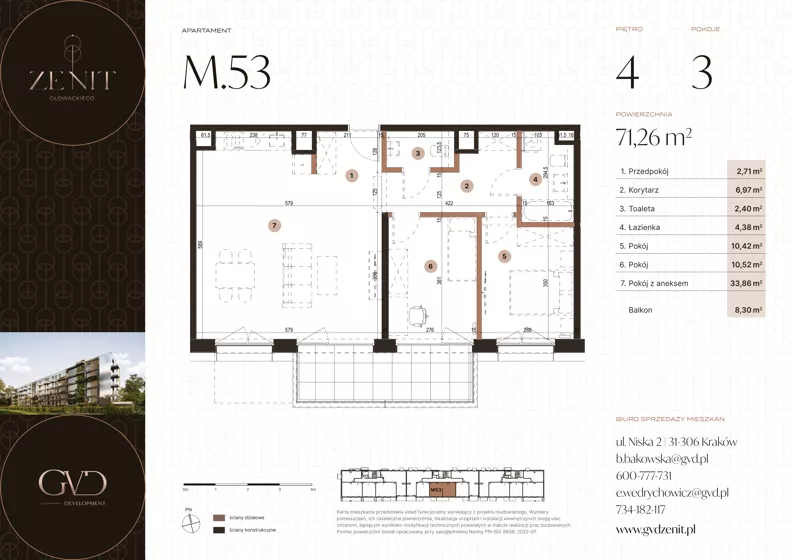 3 pokoje, apartament 71,26 m², piętro 4, oferta nr M53, ZENIT Głowackiego, Kraków, Bronowice, ul. Głowackiego 22