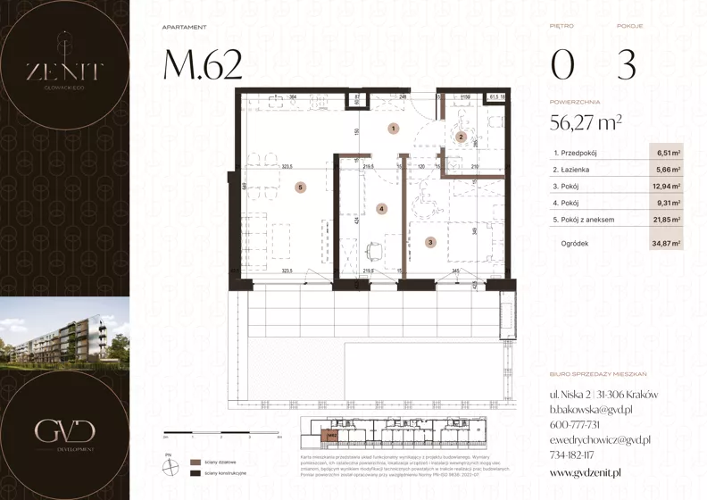3 pokoje, apartament 55,81 m², parter, oferta nr M62, ZENIT Głowackiego, Kraków, Bronowice, ul. Głowackiego 22