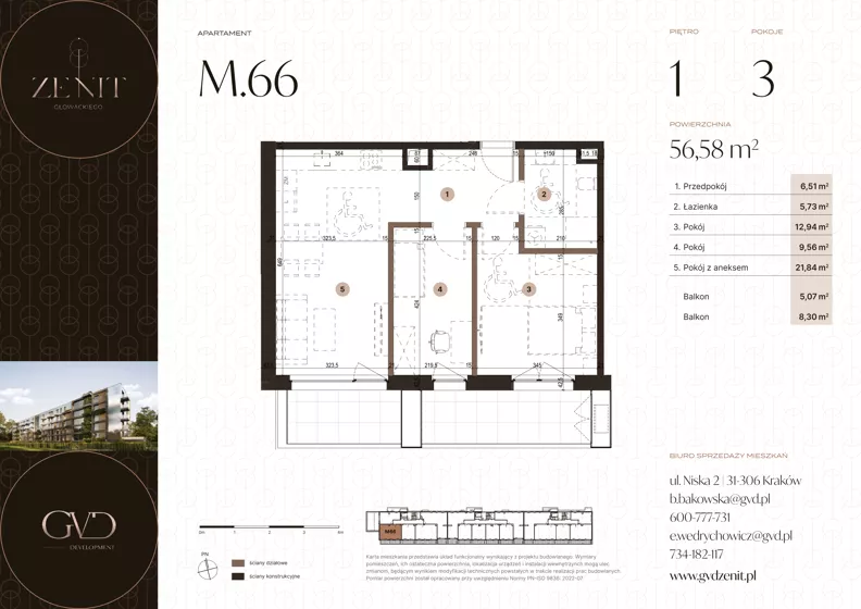 3 pokoje, apartament 56,58 m², piętro 1, oferta nr M66, ZENIT Głowackiego, Kraków, Bronowice, ul. Głowackiego 22