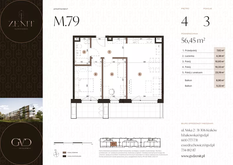 3 pokoje, apartament 56,45 m², piętro 4, oferta nr M79, ZENIT Głowackiego, Kraków, Bronowice, ul. Głowackiego 22