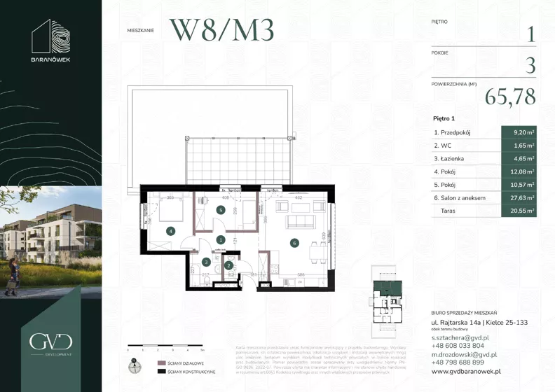 3 pokoje, mieszkanie 65,78 m², piętro 1, oferta nr M-W8/03, GVD Baranówek, Kielce, Baranówek, ul. Rajtarska 10
