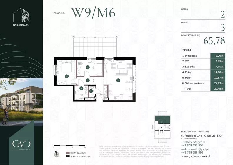 3 pokoje, mieszkanie 65,78 m², piętro 2, oferta nr M-W9/06, GVD Baranówek, Kielce, Baranówek, ul. Rajtarska 10