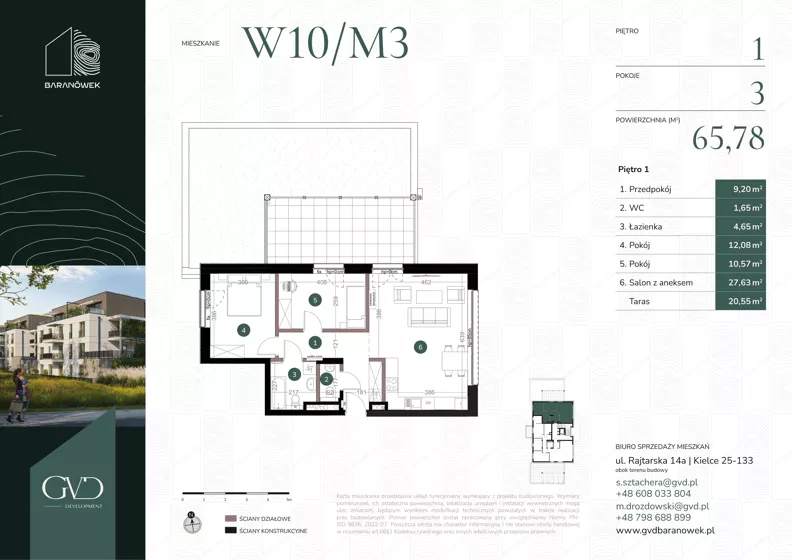 3 pokoje, mieszkanie 65,78 m², piętro 1, oferta nr M-W10/03, GVD Baranówek, Kielce, Baranówek, ul. Rajtarska 10