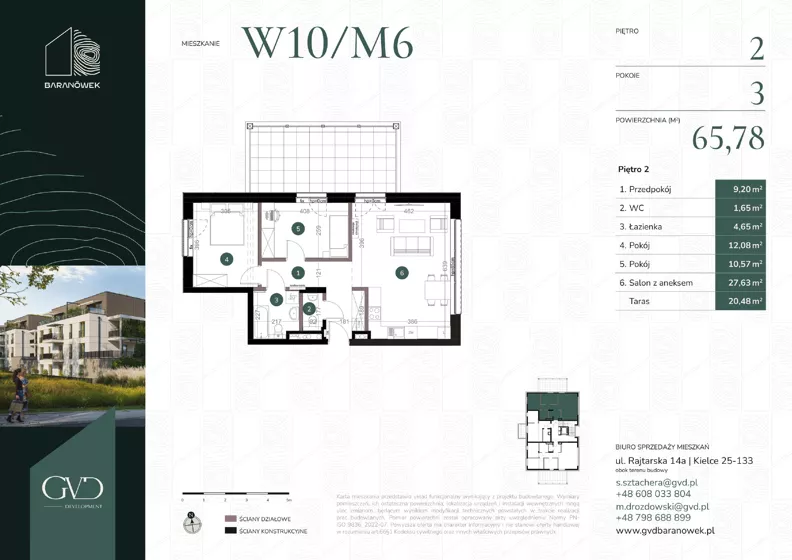 3 pokoje, mieszkanie 65,78 m², piętro 2, oferta nr M-W10/06, GVD Baranówek, Kielce, Baranówek, ul. Rajtarska 10