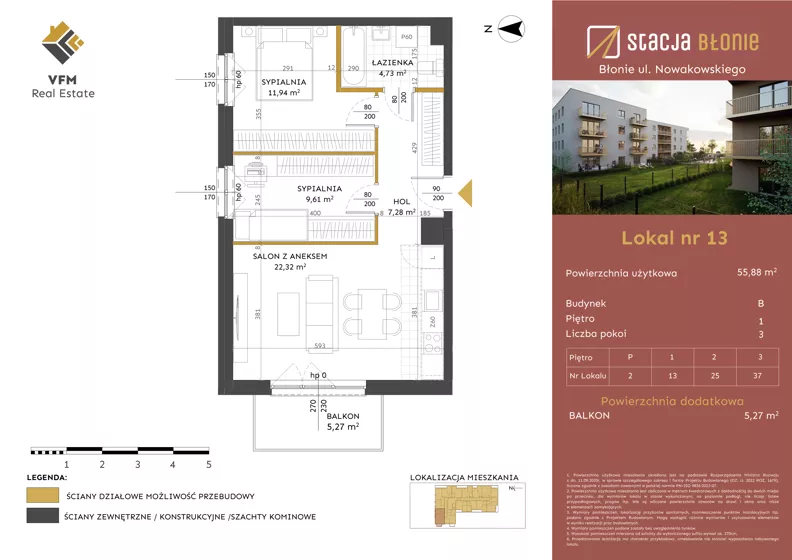 3 pokoje, mieszkanie 55,88 m², piętro 1, oferta nr 13, Stacja Błonie Etap II, Błonie, ul. Nowakowskiego