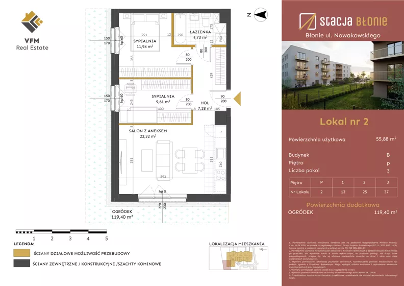 3 pokoje, mieszkanie 55,88 m², parter, oferta nr 2, Stacja Błonie Etap II, Błonie, ul. Nowakowskiego