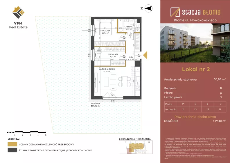 3 pokoje, mieszkanie 55,88 m², parter, oferta nr 2, Stacja Błonie Etap II, Błonie, ul. Nowakowskiego