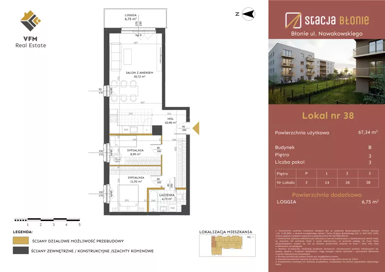 3 pokoje, mieszkanie 67,34 m², piętro 3, oferta nr 38, Stacja Błonie Etap II, Błonie, ul. Nowakowskiego