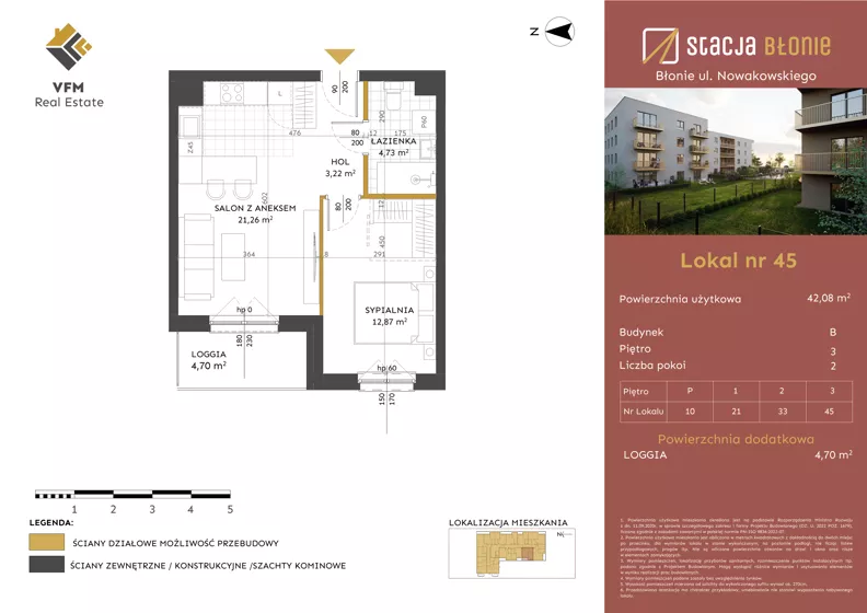 2 pokoje, mieszkanie 42,08 m², piętro 3, oferta nr 45, Stacja Błonie Etap II, Błonie, ul. Nowakowskiego
