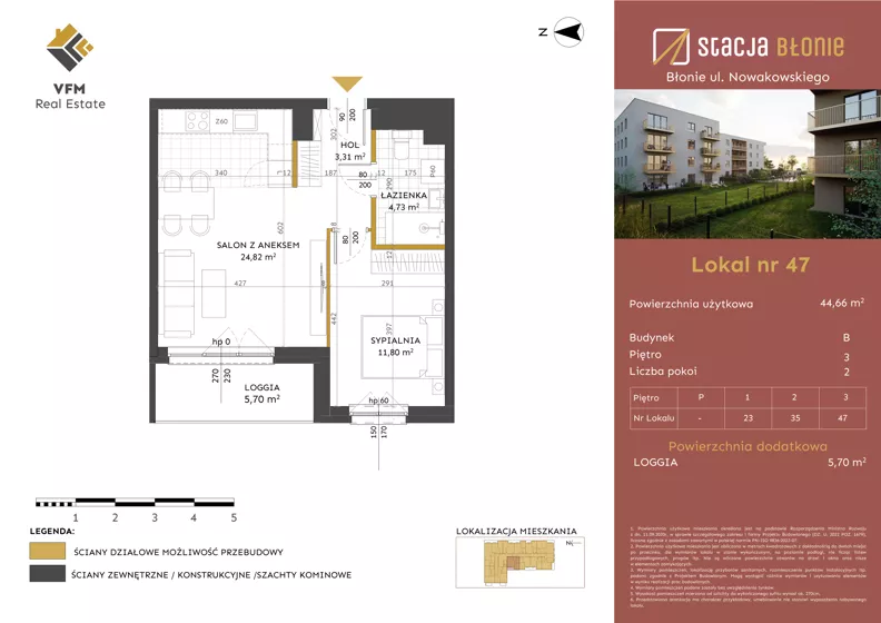 2 pokoje, mieszkanie 44,66 m², piętro 3, oferta nr 47, Stacja Błonie Etap II, Błonie, ul. Nowakowskiego