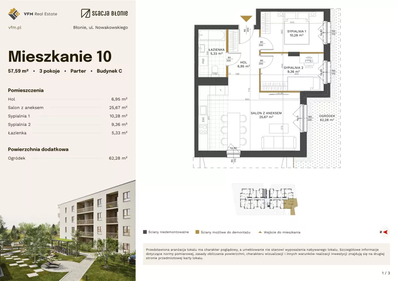 3 pokoje, mieszkanie 57,59 m², parter, oferta nr 10, Stacja Błonie Etap III, Błonie, ul. Nowakowskiego