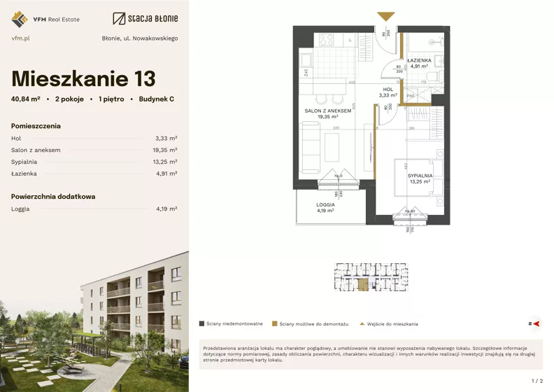 2 pokoje, mieszkanie 40,84 m², piętro 1, oferta nr 13, Stacja Błonie Etap III, Błonie, ul. Nowakowskiego