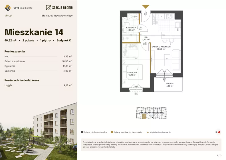 2 pokoje, mieszkanie 40,32 m², piętro 1, oferta nr 14, Stacja Błonie Etap III, Błonie, ul. Nowakowskiego