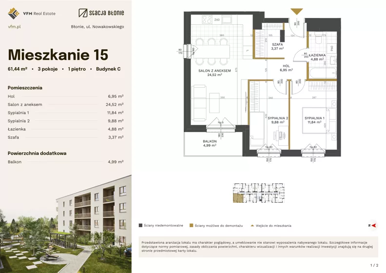 3 pokoje, mieszkanie 61,44 m², piętro 1, oferta nr 15, Stacja Błonie Etap III, Błonie, ul. Nowakowskiego