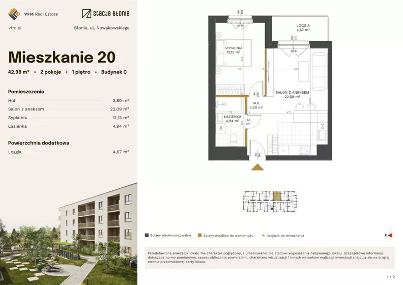 2 pokoje, mieszkanie 42,98 m², piętro 1, oferta nr 20, Stacja Błonie Etap III, Błonie, ul. Nowakowskiego