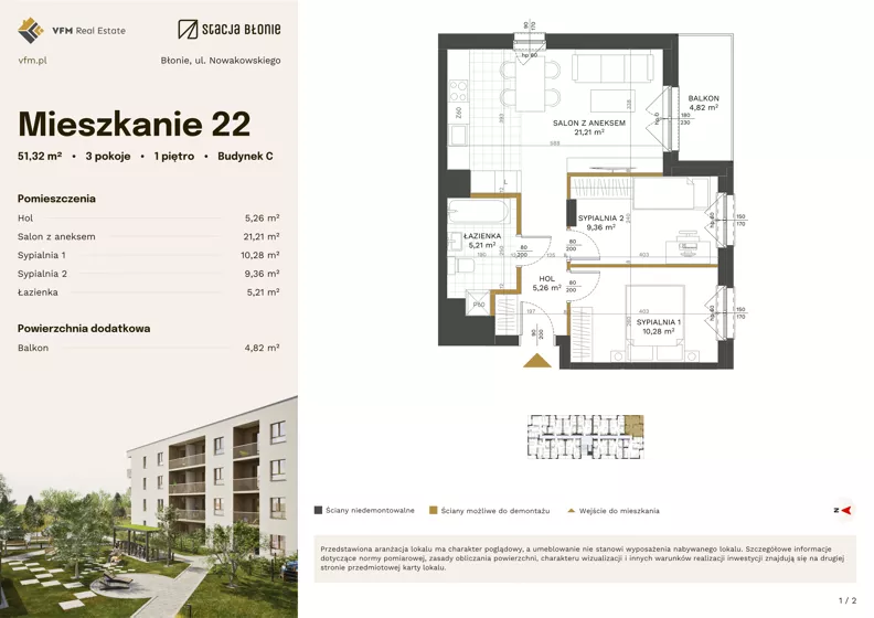 3 pokoje, mieszkanie 51,32 m², piętro 1, oferta nr 22, Stacja Błonie Etap III, Błonie, ul. Nowakowskiego