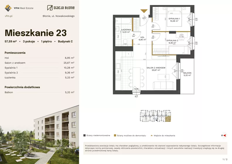 3 pokoje, mieszkanie 57,59 m², piętro 1, oferta nr 23, Stacja Błonie Etap III, Błonie, ul. Nowakowskiego