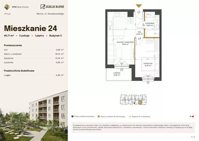 2 pokoje, mieszkanie 40,71 m², piętro 1, oferta nr 24, Stacja Błonie Etap III, Błonie, ul. Nowakowskiego