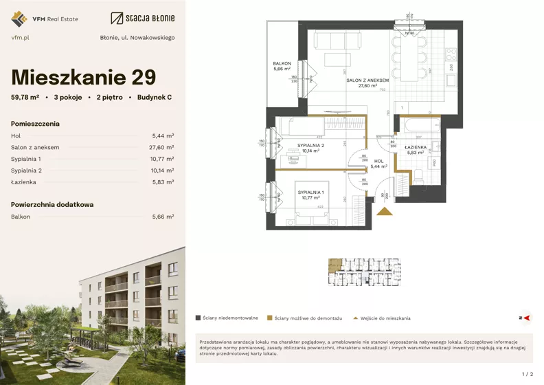 3 pokoje, mieszkanie 59,78 m², piętro 2, oferta nr 29, Stacja Błonie Etap III, Błonie, ul. Nowakowskiego