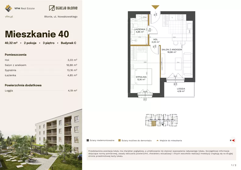 2 pokoje, mieszkanie 40,32 m², piętro 3, oferta nr 40, Stacja Błonie Etap III, Błonie, ul. Nowakowskiego