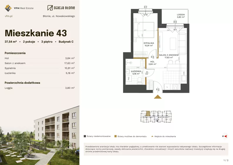2 pokoje, mieszkanie 37,54 m², piętro 3, oferta nr 43, Stacja Błonie Etap III, Błonie, ul. Nowakowskiego