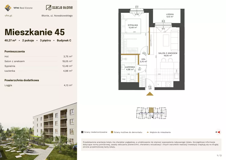 2 pokoje, mieszkanie 40,27 m², piętro 3, oferta nr 45, Stacja Błonie Etap III, Błonie, ul. Nowakowskiego
