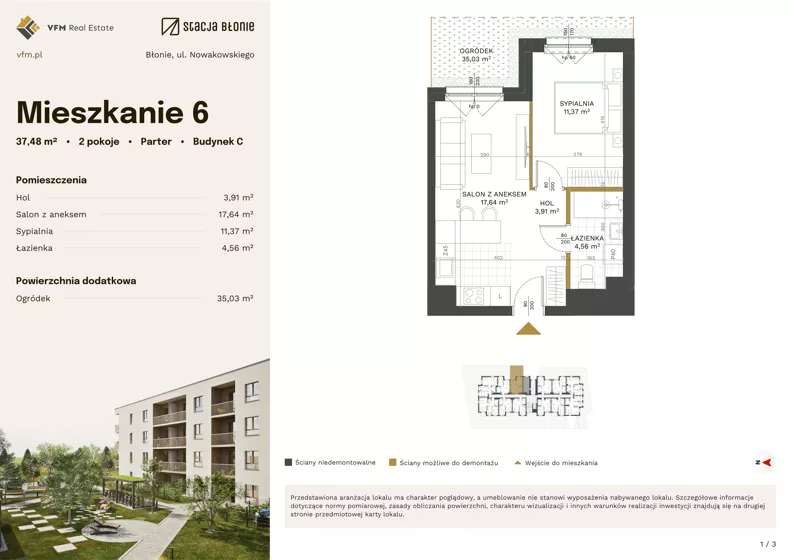 2 pokoje, mieszkanie 37,48 m², parter, oferta nr 6, Stacja Błonie Etap III, Błonie, ul. Nowakowskiego