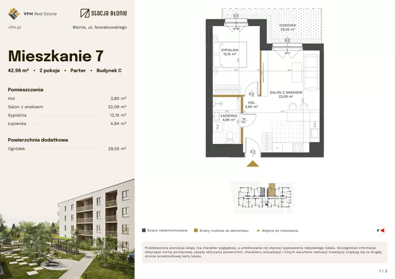 2 pokoje, mieszkanie 42,98 m², parter, oferta nr 7, Stacja Błonie Etap III, Błonie, ul. Nowakowskiego