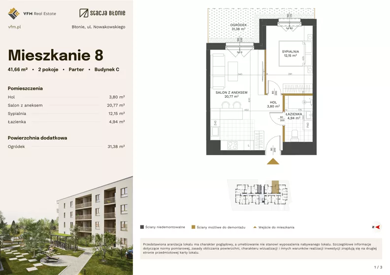 2 pokoje, mieszkanie 41,66 m², parter, oferta nr 8, Stacja Błonie Etap III, Błonie, ul. Nowakowskiego