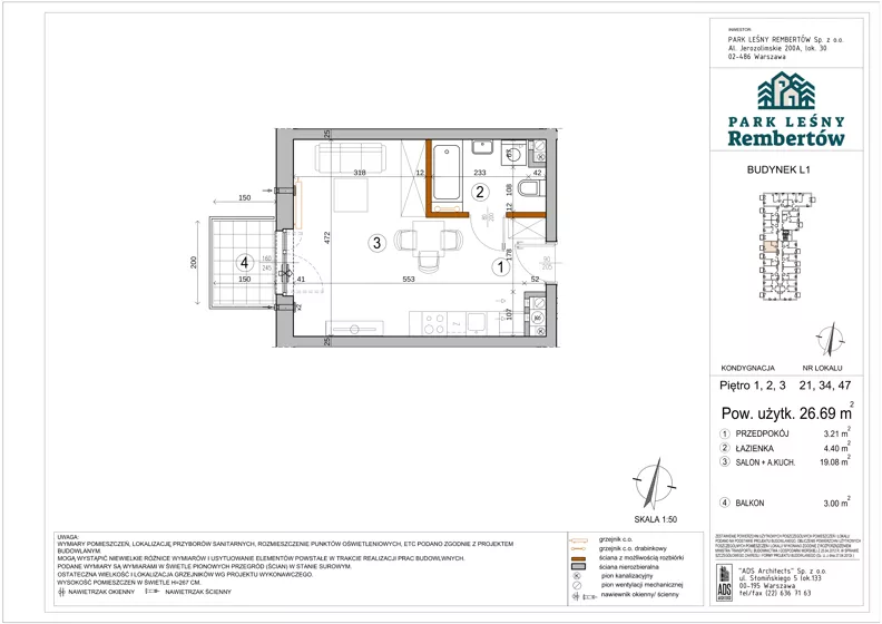 1 pokój, mieszkanie 26,69 m², piętro 3, oferta nr L1-47, Park Leśny Rembertów - L1 L2, Warszawa, Rembertów, ul. Chełmżyńska 198