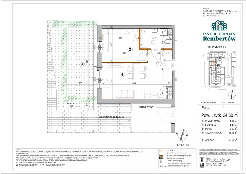 2 pokoje, mieszkanie 34,30 m², parter, oferta nr L1-1, Park Leśny Rembertów - L1 L2, Warszawa, Rembertów, ul. Chełmżyńska 198