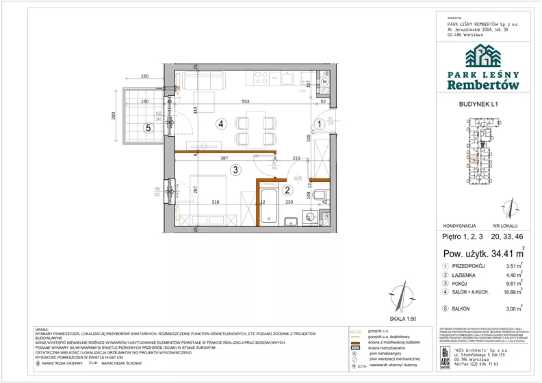 2 pokoje, mieszkanie 34,41 m², piętro 1, oferta nr L1-20, Park Leśny Rembertów - L1 L2, Warszawa, Rembertów, ul. Chełmżyńska 198