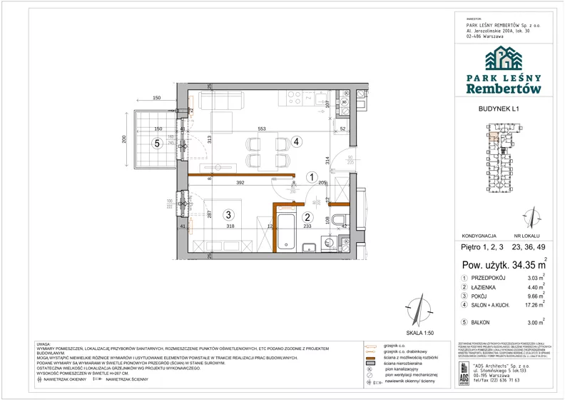 2 pokoje, mieszkanie 34,35 m², piętro 1, oferta nr L1-23, Park Leśny Rembertów - L1 L2, Warszawa, Rembertów, ul. Chełmżyńska 198