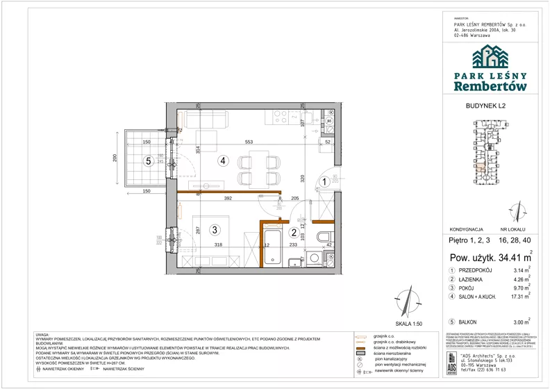 2 pokoje, mieszkanie 34,41 m², piętro 1, oferta nr L2-16, Park Leśny Rembertów - L1 L2, Warszawa, Rembertów, ul. Chełmżyńska 198