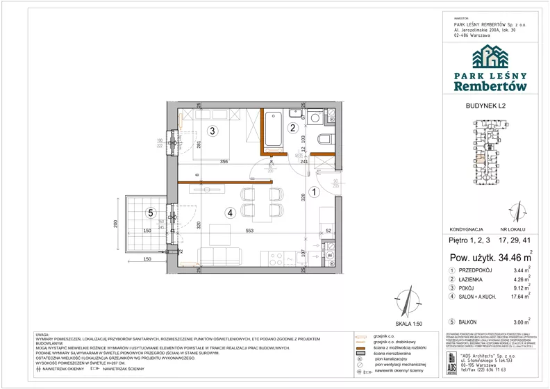 2 pokoje, mieszkanie 34,46 m², piętro 1, oferta nr L2-17, Park Leśny Rembertów - L1 L2, Warszawa, Rembertów, ul. Chełmżyńska 198