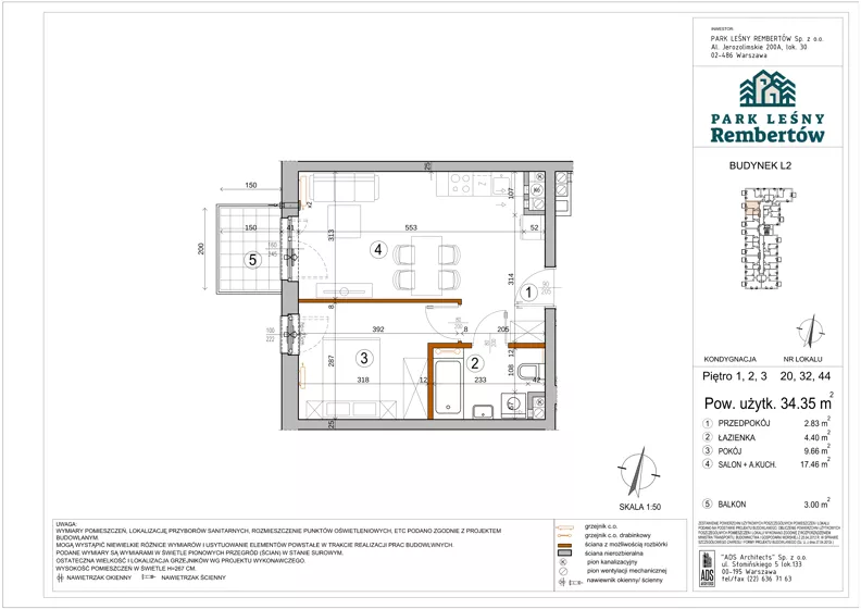 2 pokoje, mieszkanie 34,35 m², piętro 3, oferta nr L2-44, Park Leśny Rembertów - L1 L2, Warszawa, Rembertów, ul. Chełmżyńska 198