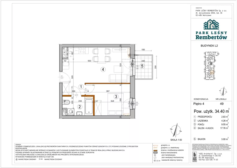 2 pokoje, mieszkanie 34,40 m², piętro 4, oferta nr L2-49, Park Leśny Rembertów - L1 L2, Warszawa, Rembertów, ul. Chełmżyńska 198