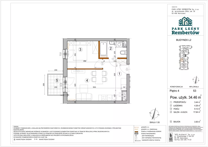 2 pokoje, mieszkanie 34,46 m², piętro 4, oferta nr L2-53, Park Leśny Rembertów - L1 L2, Warszawa, Rembertów, ul. Chełmżyńska 198