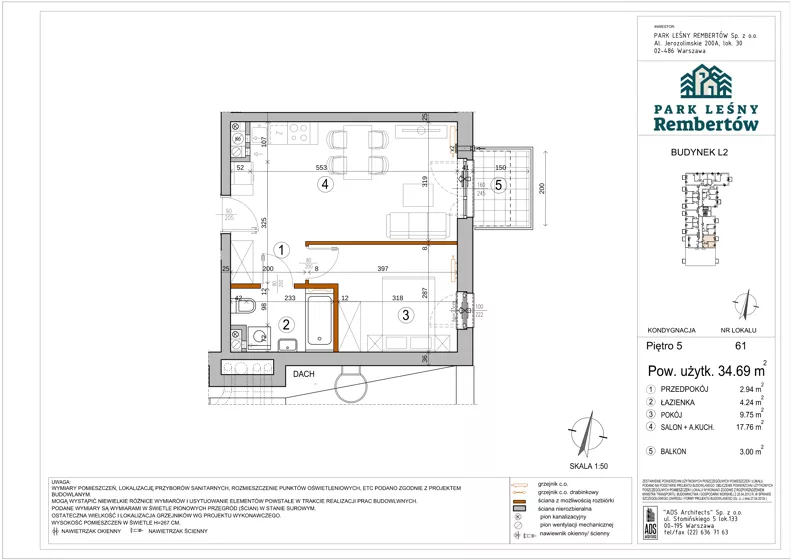 2 pokoje, mieszkanie 34,69 m², piętro 5, oferta nr L2-61, Park Leśny Rembertów - L1 L2, Warszawa, Rembertów, ul. Chełmżyńska 198