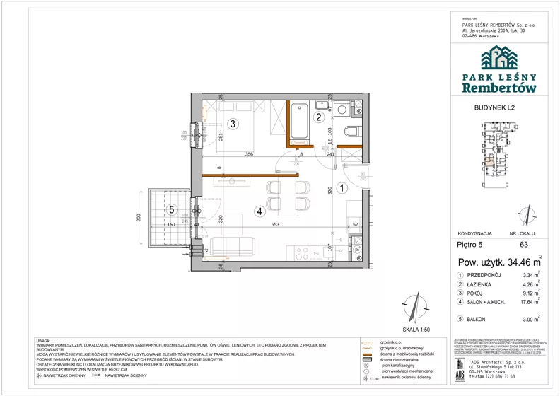 2 pokoje, mieszkanie 34,46 m², piętro 5, oferta nr L2-63, Park Leśny Rembertów - L1 L2, Warszawa, Rembertów, ul. Chełmżyńska 198