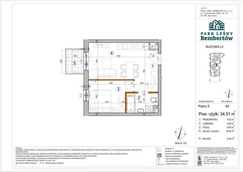 2 pokoje, mieszkanie 34,51 m², piętro 5, oferta nr L2-64, Park Leśny Rembertów - L1 L2, Warszawa, Rembertów, ul. Chełmżyńska 198