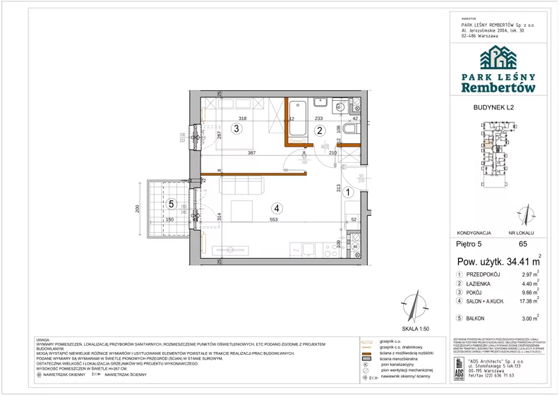 2 pokoje, mieszkanie 34,41 m², piętro 5, oferta nr L2-65, Park Leśny Rembertów - L1 L2, Warszawa, Rembertów, ul. Chełmżyńska 198