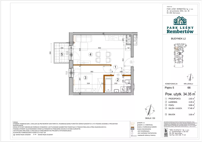 2 pokoje, mieszkanie 34,35 m², piętro 5, oferta nr L2-66, Park Leśny Rembertów - L1 L2, Warszawa, Rembertów, ul. Chełmżyńska 198