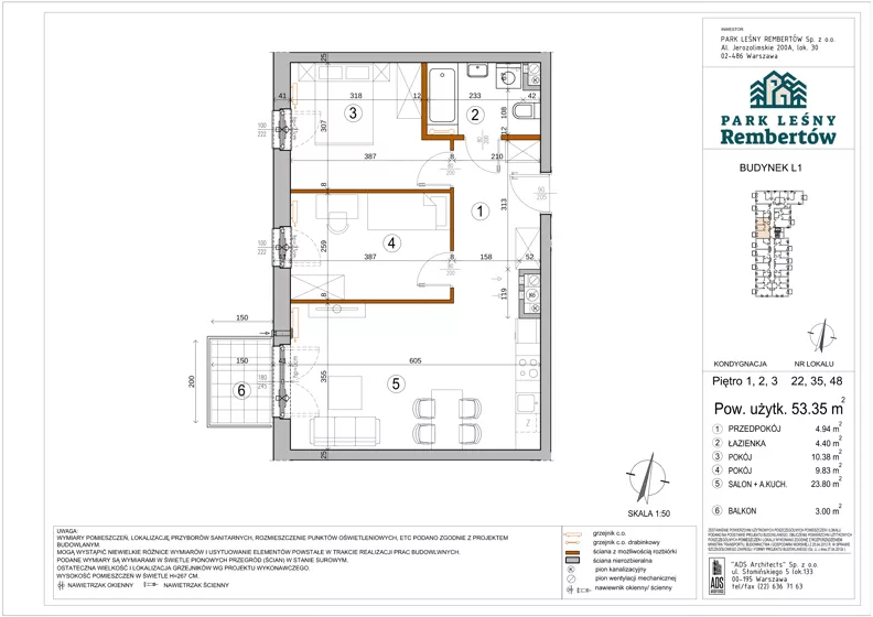 3 pokoje, mieszkanie 53,35 m², piętro 3, oferta nr L1-48, Park Leśny Rembertów - L1 L2, Warszawa, Rembertów, ul. Chełmżyńska 198