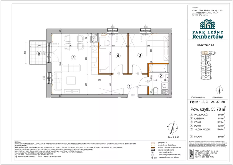 3 pokoje, mieszkanie 55,78 m², piętro 3, oferta nr L1-50, Park Leśny Rembertów - L1 L2, Warszawa, Rembertów, ul. Chełmżyńska 198
