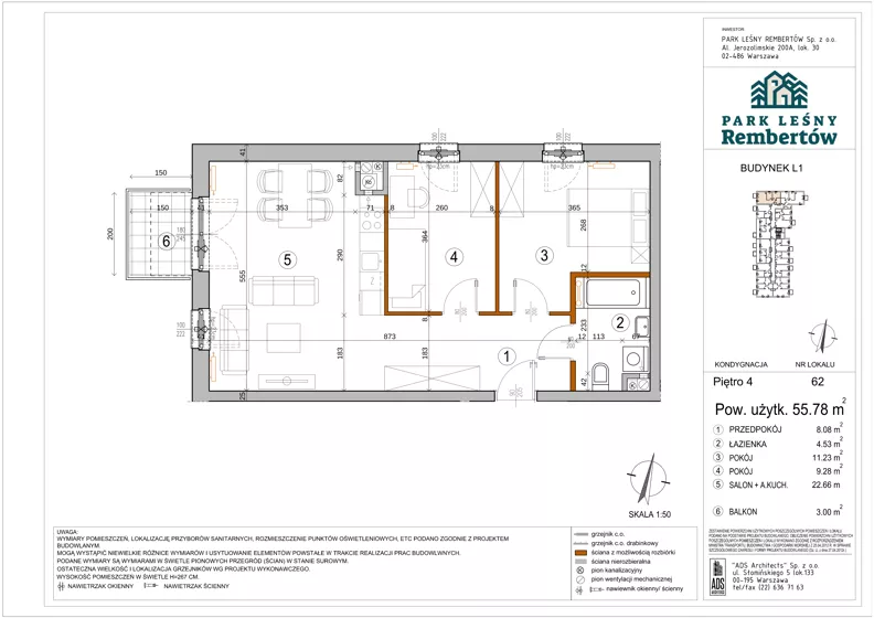 3 pokoje, mieszkanie 55,78 m², piętro 4, oferta nr L1-62, Park Leśny Rembertów - L1 L2, Warszawa, Rembertów, ul. Chełmżyńska 198