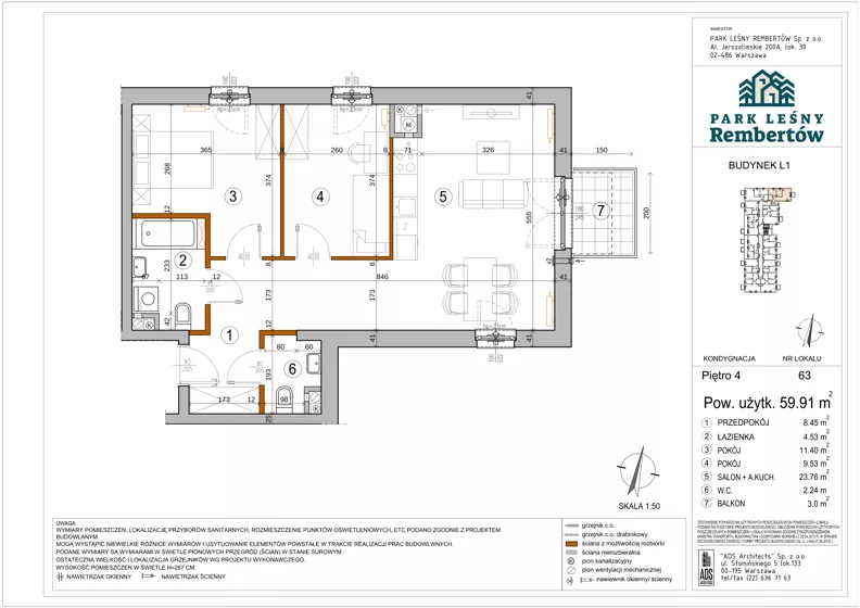 3 pokoje, mieszkanie 59,91 m², piętro 4, oferta nr L1-63, Park Leśny Rembertów - L1 L2, Warszawa, Rembertów, ul. Chełmżyńska 198