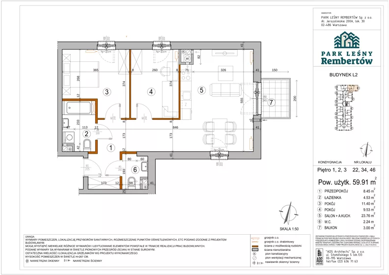 3 pokoje, mieszkanie 59,91 m², piętro 2, oferta nr L2-34, Park Leśny Rembertów - L1 L2, Warszawa, Rembertów, ul. Chełmżyńska 198