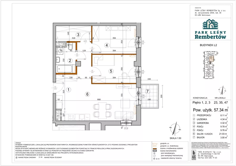 3 pokoje, mieszkanie 57,34 m², piętro 2, oferta nr L2-35, Park Leśny Rembertów - L1 L2, Warszawa, Rembertów, ul. Chełmżyńska 198